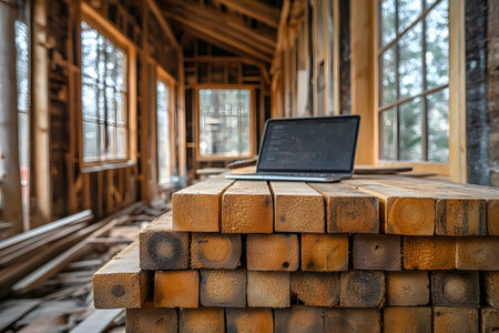 Wooden beams are stacked inside a partially constructed house, reflecting ongoing construction work. a laptop rests on the stack, symbolizing remote work or project planning in the home-building industry. Generative AIの素材