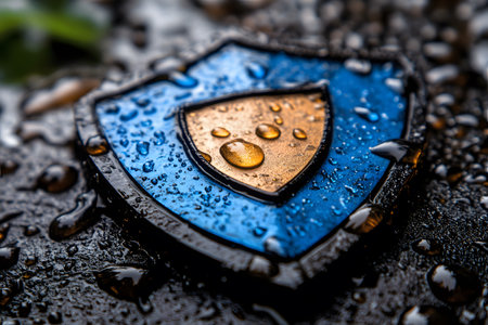 A close-up of a shield emblem resting on a wet surface, covered with glistening water droplets, symbolizing protection, resilience, and security. the contrast between the shiny emblem and textured background highlights its significance. Generative AIの素材