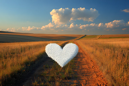 A heart-shaped cloud floating above a vast golden wheat field, illuminated by the warm glow of sunset. the scene evokes feelings of love and tranquility, blending natural beauty with a romantic touch. Generative AIの素材