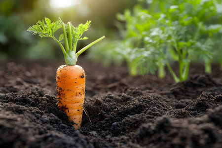 A vibrant orange carrot emerges from rich, dark soil in a sunny garden setting. fresh green leaves crown the vegetable, emphasizing sustainable farming and the appeal of organic produce for healthy eating. Generative AIの素材