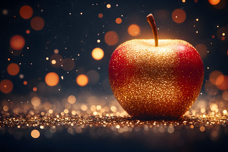A red apple covered in golden glitter sits against a dark, blurred bokeh background, creating a festive and magical atmosphere. ideal for holiday-themed designs, food advertising, or decorative prints. Generative AIの素材