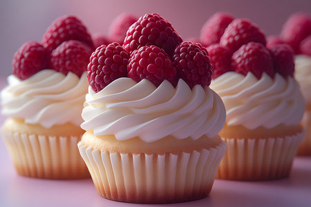 Close-up of vanilla cupcakes adorned with creamy swirls of frosting and garnished with fresh raspberries. perfect for desserts, party celebrations, or sweet indulgences, vibrant colors and appealing textures. Generative AIの素材