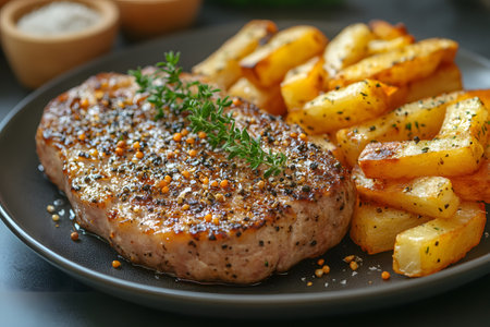 Grilled seasoned steak garnished with fresh herbs, served alongside crispy golden fries, creating a delectable gourmet meal. perfect for culinary blogs, restaurant menus, and food photography enthusiasts. Generative AIの素材