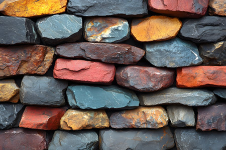 A vibrant array of stones forms a striking wall texture. various hues of grey, red, blue, and orange create a visually appealing pattern, perfect for use in architectural designs, backgrounds, or decorative purposes. Generative AIの素材