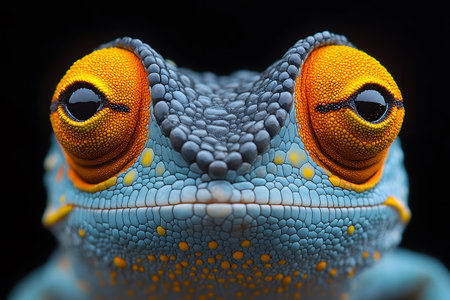 A detailed close-up of a frog showcases its vivid, textured skin and striking orange eyes against a dark background, emphasizing the intricate patterns and vibrant colors. ideal for nature and wildlife photography enthusiasts. Generative AIの素材