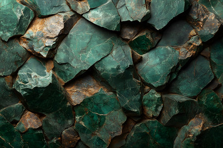 Close-up of a textured green stone wall with rugged, jagged surfaces and earthy tones. ideal for backgrounds in design projects, emphasizing natural elements and organic patterns with a rustic feel. Generative AIの素材