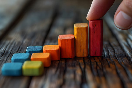 Wooden blocks painted in vibrant colors are arranged in ascending order to depict a growth chart. this creative representation symbolizes business growth, financial success, and strategic planning, perfect for educational or business-themed designs. Generative AIの素材