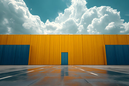 Industrial warehouse features bold yellow and blue panels against an expansive, dramatic sky of fluffy clouds. the reflective ground adds a dynamic element, enhancing the vibrant color contrast for contemporary design use. Generative AIの素材