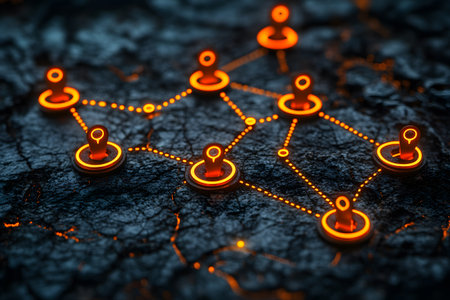 Digital network representation with glowing orange pinpoints connected by dotted lines on a cracked, dark surface. ideal for themes of connectivity, technology, data flow, and modern communication. Generative AIの素材