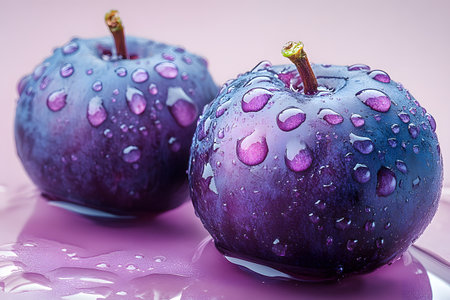 Two vibrant purple plums with dewdrops glisten on a smooth pink surface. the contrast of colors highlights the freshness and appetizing appeal, ideal for culinary promotions, food art, and design projects. Generative AIの素材