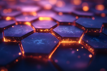 Vibrant scene of interconnected hexagonal shapes emitting a warm glow, resembling futuristic technology. the dynamic interplay of light and shadows adds depth, making it ideal for digital art, innovation, and tech design applications. Generative AIの素材
