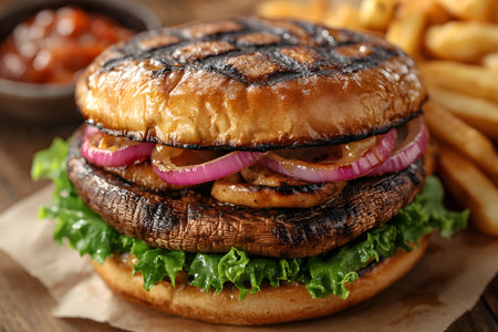 A delicious grilled portobello mushroom burger topped with grilled onions, crisp lettuce, and a savory sauce. the dish is accompanied by a side of golden, crispy fries, making it a hearty and satisfying meal option. Generative AIの素材