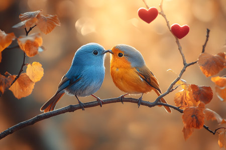 Two colorful birds perch closely on a branch surrounded by autumn leaves, evoking a romantic mood. heart-shaped ornaments hang nearby, enhancing the cozy, warm atmosphere of a serene forest scene. Generative AIの素材