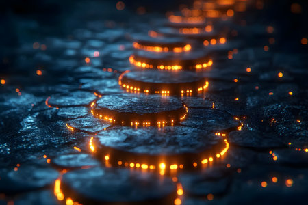 A mesmerizing abstract scene featuring a pathway of circular stepping stones illuminated by ethereal orange lights. set against a dark, moody background, this image evokes a sense of mystery and wonder, perfect for conceptual designs. Generative AIの素材