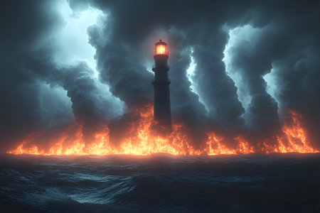 A powerful lighthouse stands firm amidst a turbulent sea, illuminated against a dramatic sky. waves crash around the fiery horizon, the contrast between the raging storm and the lighthouse's steady glow. Generative AIの素材