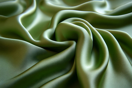Luxurious green satin fabric with intricate twists and folds, showcasing a glossy texture and fluid movement. ideal for backgrounds, design inspiration, and conveying elegance or opulence. Generative AIの素材