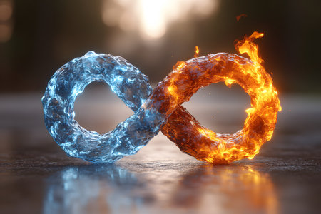 A visually striking infinity loop composed of contrasting fire and ice elements. the merging of these natural forces symbolizes balance, duality, and endless possibilities, offering a dynamic visual for conceptual projects. Generative AIの素材