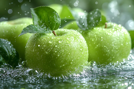 Vibrant green apples glistening with water droplets depicted in a refreshing and natural setting. the image highlights freshness, health, and nature, making it ideal for wellness and nutrition-related themes. Generative AIの素材