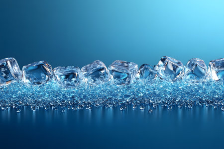Ice cubes aligned on a reflective surface with a blue background create a refreshing and cool visual. perfect for showcasing concepts of cold, freshness, and summer, ideal for beverage design and seasonal promotions. Generative AIの素材