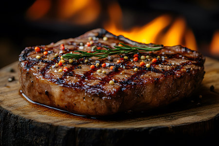 Juicy grilled steak topped with peppercorns and rosemary, resting on a wooden board with a warm fire in the background. ideal for bbq-themed projects, culinary blogs, restaurant promotions, or menu designs. Generative AIの素材