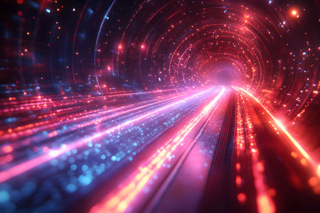 A dynamic view of a neon-lit tunnel with vibrant, swirling red and blue lights, creating a sense of motion and depth. ideal for science fiction and futuristic-themed design projects and presentations. Generative AIの素材