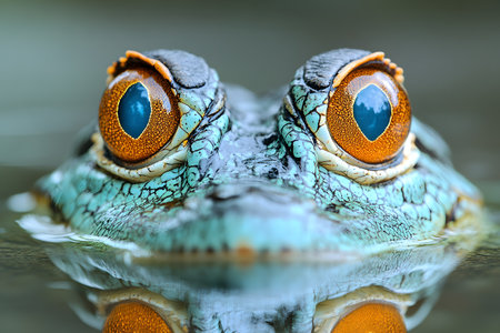 Extreme close-up of a crocodile's striking orange eyes above the waterline. the detailed texture of the reptile's skin highlights its scales and patterns, creating an intense wildlife photography moment. Generative AIの素材