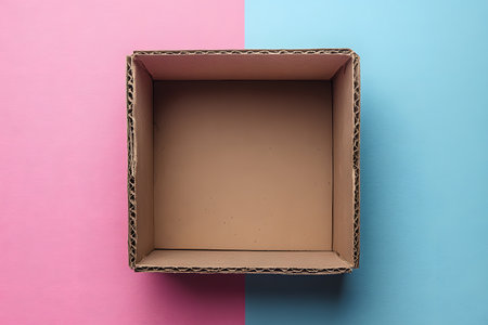 Empty cardboard box placed on a vibrant pink and blue split background, offering a minimalist and modern aesthetic. ideal for concepts related to packaging, storage, creativity, or simplicity in design. Generative AIの素材