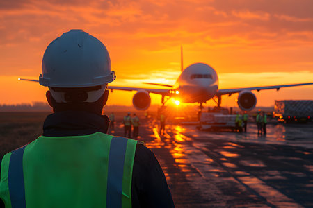 A ground crew member oversees an aircraft during sunset, teamwork in airport operations. the vibrant orange and yellow sky reflects on the tarmac, creating a striking backdrop for aviation activities. Generative AIの素材