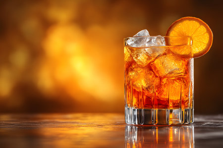 A vibrant cocktail garnished with an orange slice sits on a reflective surface, surrounded by scattered ice cubes. the background is a warm, golden bokeh, enhancing the drink's refreshing appeal. ideal for beverage design purposes. Generative AIの素材
