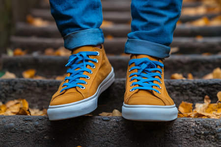 Brown sneakers with blue laces adorn feet on steps covered with autumn leaves. blue jeans complement the vibrant footwear. the scene captures a blend of style and nature's seasonal beauty. Generative AIの素材