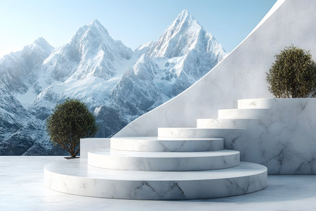 Marble steps artistically designed against a backdrop of majestic, snow-capped mountains, with perfectly manicured trees providing a touch of greenery. ideal for architecture, design inspiration, or winter-themed concepts. Generative AIの素材