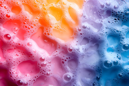Vibrant abstract background featuring a mesmerizing gradient of colors ranging from orange to purple. the scene is filled with bubbles and foam textures, creating a dynamic and artistic effect ideal for creative projects. Generative AIの素材
