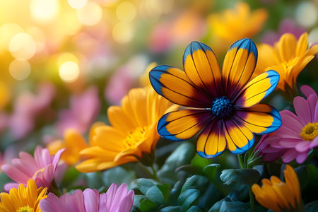 A striking multicolored flower stands out against a backdrop of vibrant spring blooms in a sunlit garden setting. this colorful arrangement essence of seasonal rebirth and nature s beauty, ideal for design projects celebrating spring. Generative AIの素材