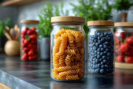 Glass jars filled with spiral pasta and fresh berries are neatly arranged on a stylish kitchen counter. the natural wooden lids complement the vibrant colors of the ingredients, adding a touch of elegance to contemporary kitchen storage solutions. Generative AIの素材