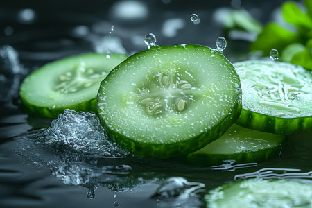 Slices of cucumber with vibrant, fresh green tones are surrounded by splashing water droplets, encapsulating a refreshing and healthy food concept. the close-up shot emphasizes texture and freshness, perfect for wellness and culinary themes. Generative AIの素材