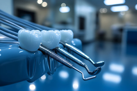 Dental tools paired with tooth models resting on a sleek surface in a modern clinic, illustrating precision and advanced dental care techniques. a bright, sterile environment emphasizes professionalism and hygiene. Generative AIの素材