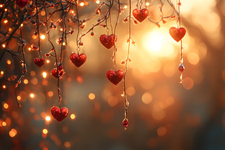 Sparkling red heart decorations hang from delicate branches, illuminated by the golden glow of a sunset. the scene evokes warmth, romance, and love, perfect for valentine's day themes or romantic designs. Generative AIの素材