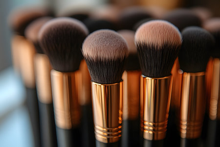 A detailed array of professional makeup brushes with soft bristles and sleek metallic handles. the image highlights the elegance and precision of beauty tools, ideal for cosmetics, professional makeup, or beauty design themes. Generative AIの素材