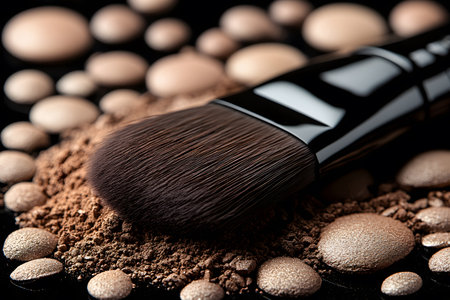 A close-up of a makeup brush surrounded by shimmering bronze powder and liquid foundation drops on a dark background. the image luxurious texture and glossy finish of cosmetic products, ideal for beauty, skincare, and fashion concepts. Generative AIの素材