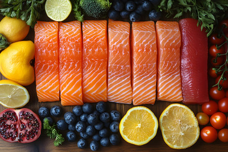 Fresh salmon and tuna fillets are elegantly arranged with a colorful assortment of fruits and vegetables, including lemons, blueberries, pomegranates, and tomatoes. the vibrant colors and textures provide an inspiring visual for healthy eating and culinary creativity. Generative AIの素材