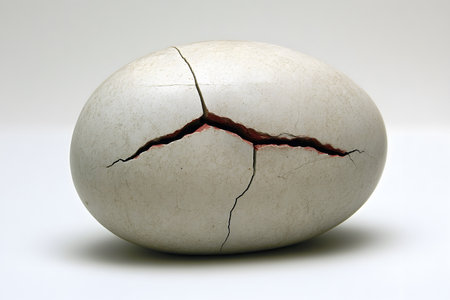 Close-up of a cracked egg on a smooth surface, symbolizing breaking barriers and new beginnings. the lighting highlights the texture and imperfections, evoking themes of transformation and potential. Generative AIの素材
