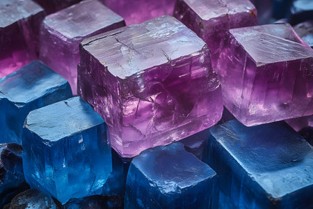 Vibrant cubes of purple and blue crystals with reflective surfaces, showcasing geometric precision and vibrant hues. ideal for modern interior design concepts, art inspiration, and color study in contemporary settings. Generative AIの素材