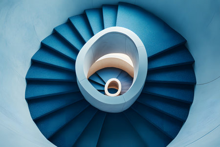 A captivating spiral staircase with a contemporary design, emphasizing deep blue tones and smooth curves. viewed from above, it creates a dynamic circular pattern, ideal for architectural and interior design inspiration. Generative AIの素材