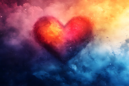A vibrant heart shape emerges amidst swirling abstract clouds in a sky filled with vivid colors, blending warm reds and cool blues. this artistic, dreamlike depiction symbolizes love, romance, and emotional depth. Generative AIの素材