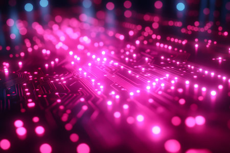 A dynamic illustration of neural network circuitry illuminated by vivid pink lights, representing advanced technology concepts. the glowing nodes and pathways symbolize connectivity and innovation in digital systems. Generative AIの素材