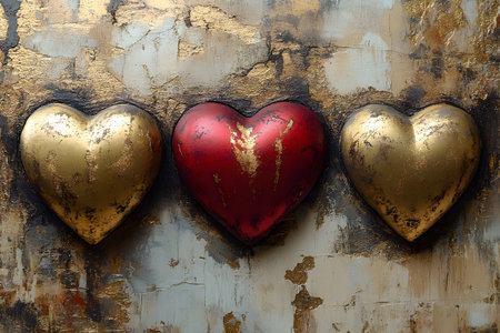 Three-dimensional heart sculptures, two gold and one red, are set against a textured, stone-like background with a distressed, metallic finish. the composition blends warmth and elegance, making it ideal for valentine's day decor and designs. Generative AIの素材