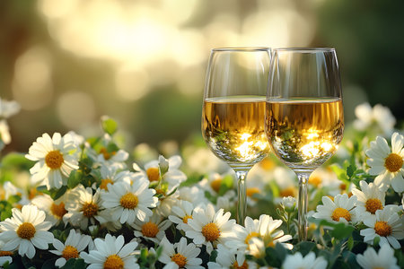 Two wine glasses filled with white wine gracefully stand among a bed of blooming daisies. the warm sunset light creates a tranquil and inviting ambiance, perfect for spring celebrations or outdoor gatherings, the harmony of nature and elegance. Generative AIの素材