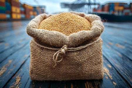 A burlap sack filled with organic grains sits on a dock at a bustling shipping port. vibrant containers and loading cranes in the background highlight the global trade and sustainable agriculture themes, emphasizing eco-friendly supply chains. Generative AIの素材