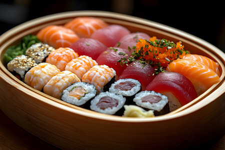 A beautifully arranged sushi platter featuring a variety of nigiri and maki rolls, garnished with roe and sesame seeds. the assortment includes fresh salmon and tuna, intricate culinary craftsmanship and vibrant presentation. Generative AIの素材