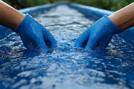Two hands wearing blue gloves interact with flowing water in a blue container, possibly indicating a water-related experiment or activity. the scene conveys a sense of scientific exploration or maintenance. Generative AIの素材